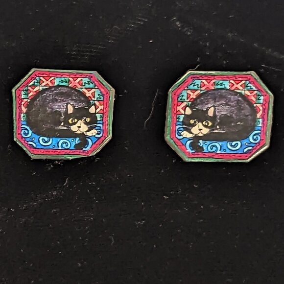 Vintage Sleeping Black Cat Earrings Posts Floral Picture Frame - Picture 3 of 4
